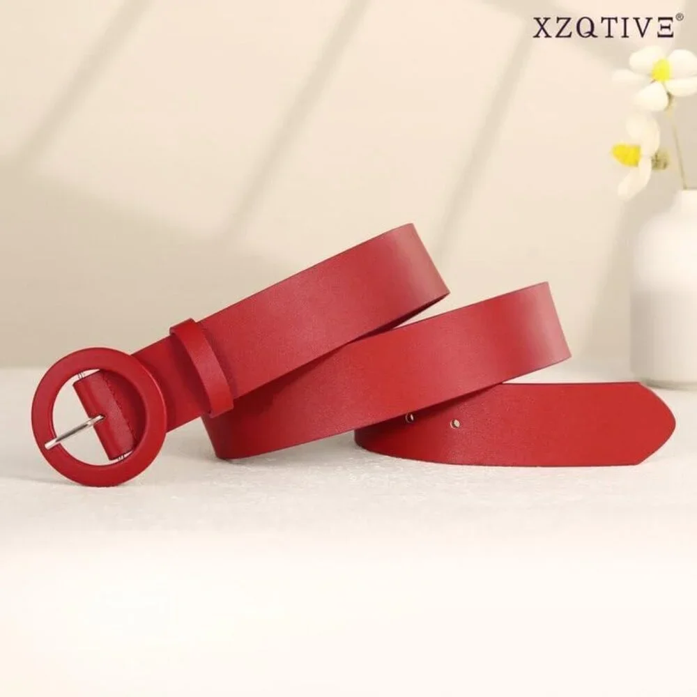 Women's PU Leather Wide Belt with Round Candy Color Buckle for Jeans Dresses